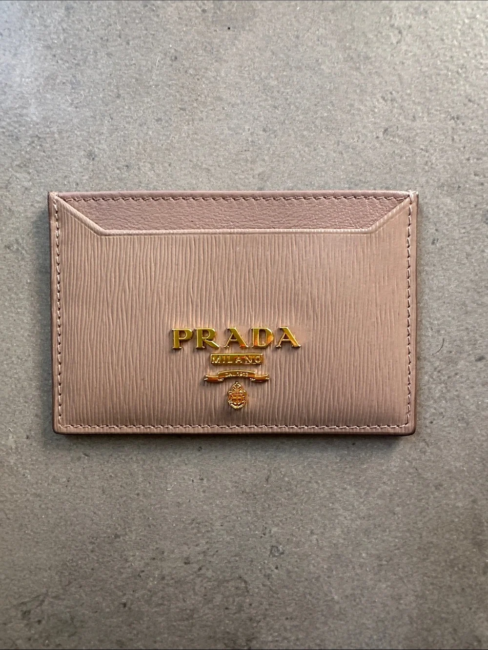 PRADA Sabbia Saffiano Leather Card Holder Beige Gold Metal Logo AUTH